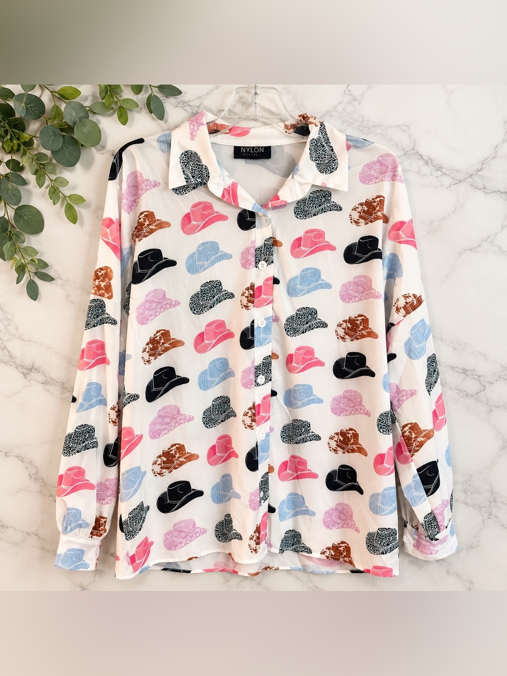 Nylon Apparel Cowboy Hat Print Western Button Down Shirt L
